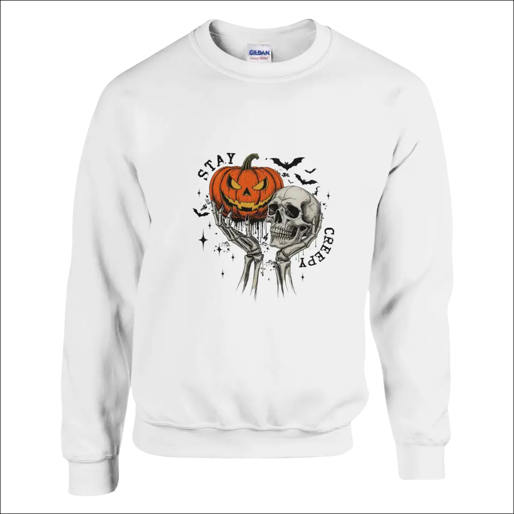Stay Creepy Unisex White Sweatshirt with Jack-o-Lantern Skull Graphic