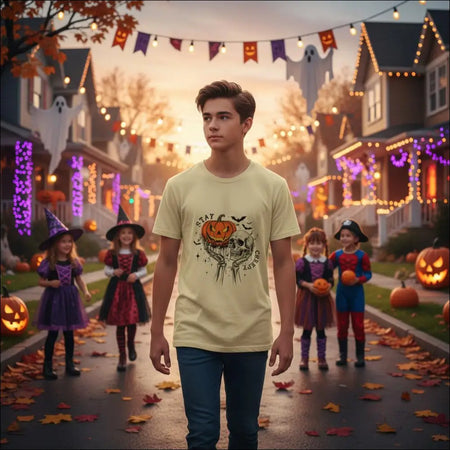 Stay Creepy Unisex T-Shirt with pale yellow fabric, black pumpkin skull bats graphic