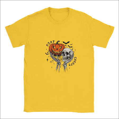 Yellow Stay Creepy unisex t-shirt with Halloween pumpkin skull graphic