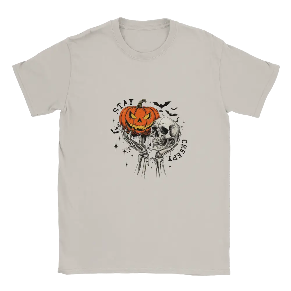 Off-white Stay Creepy Halloween t-shirt with skeletal hands holding glowing orange pumpkin and skull