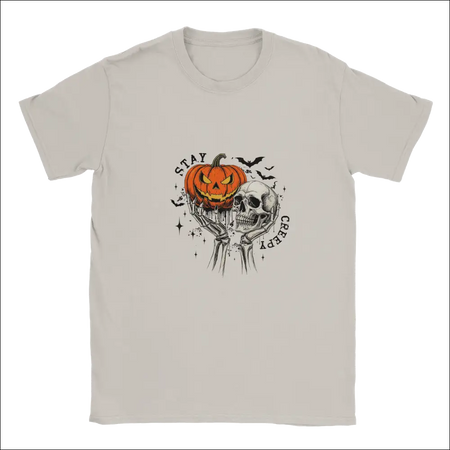 Off-white Stay Creepy Halloween t-shirt with skeletal hands holding glowing orange pumpkin and skull