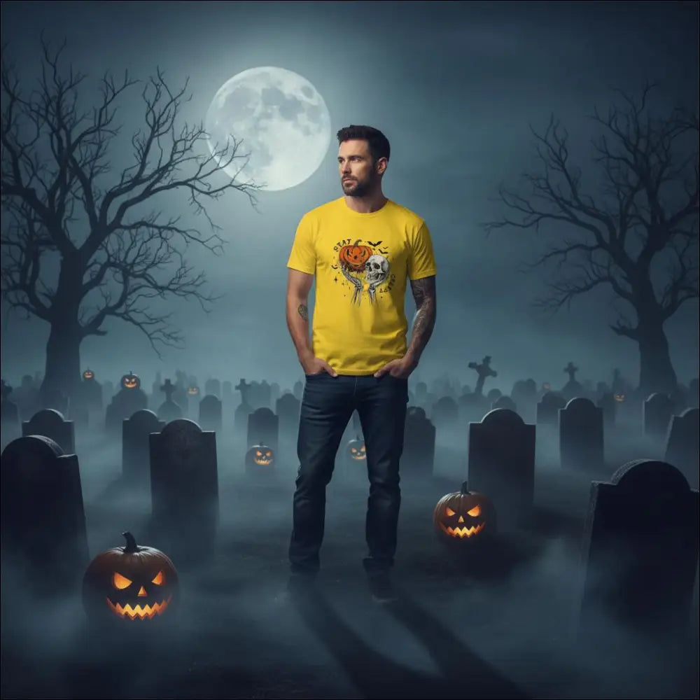 Yellow Halloween skull and pumpkin unisex t-shirt Stay Creepy