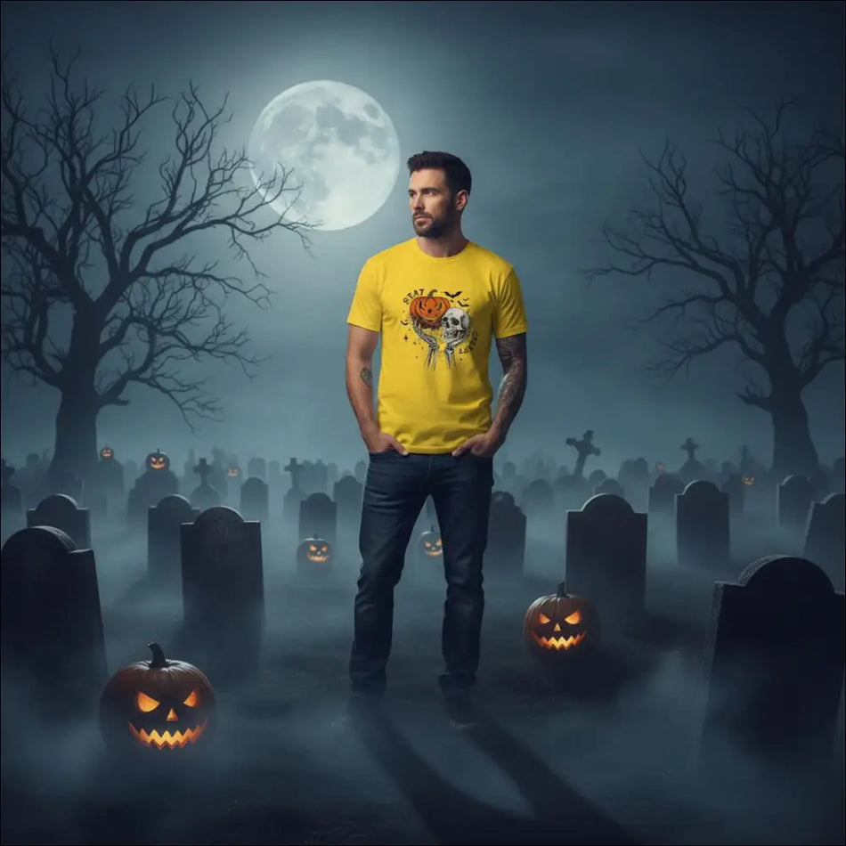 Yellow Halloween skull and pumpkin unisex t-shirt Stay Creepy