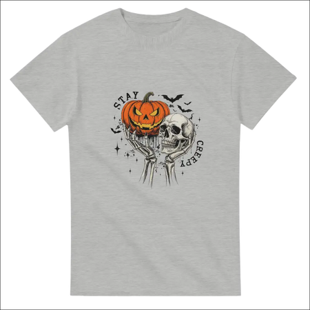 Stay Creepy unisex heavy cotton t-shirt with jack-o-lantern skull graphic