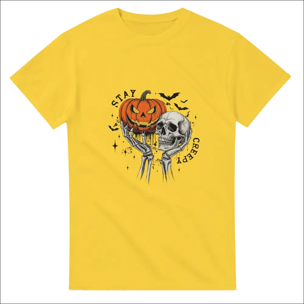 Stay Creepy unisex heavy cotton t-shirt with Halloween pumpkin skull graphic