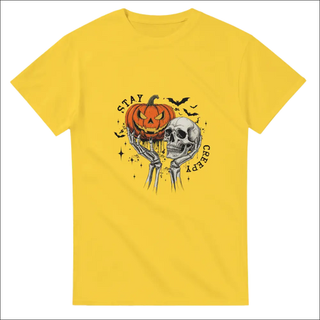 Stay Creepy unisex heavy cotton t-shirt with Halloween pumpkin skull graphic