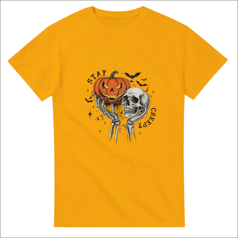 Stay Creepy Unisex Heavy Cotton T-Shirt with jack-o’-lantern and skull graphic