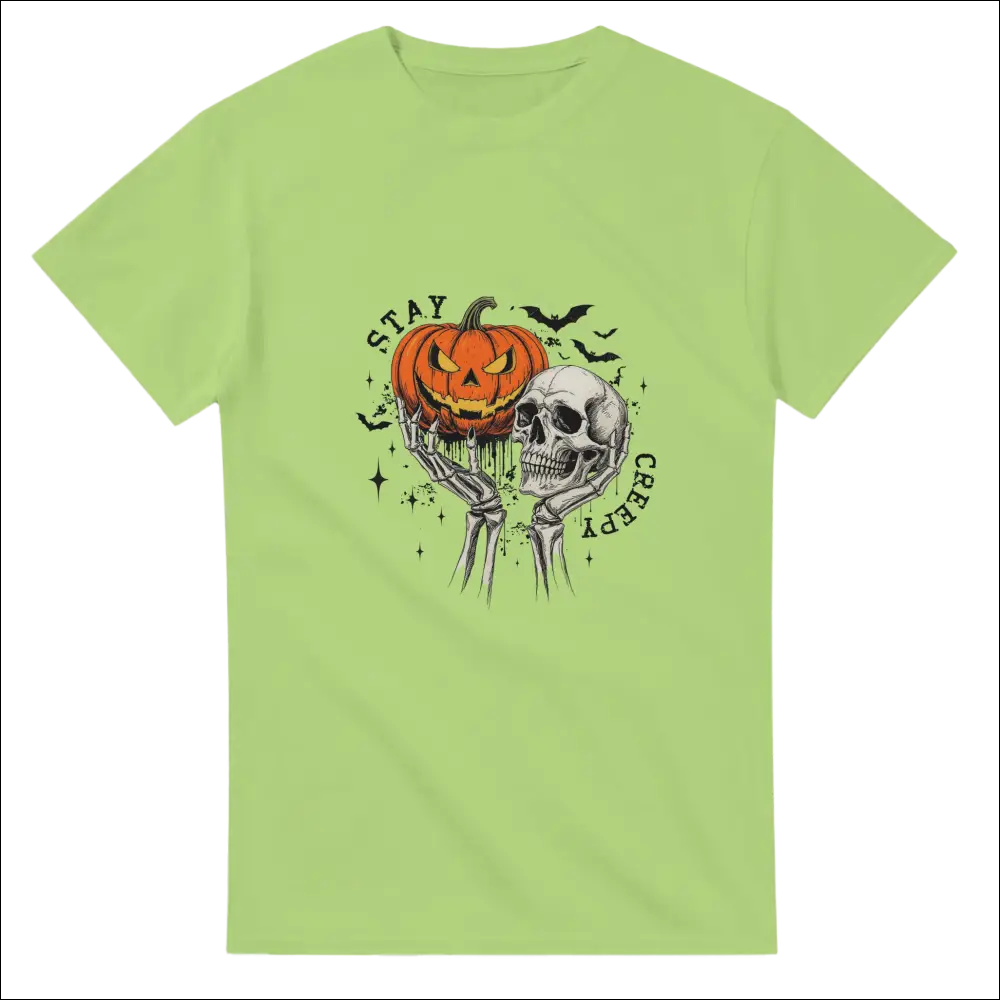 Lime green Stay Creepy t-shirt with jack-o-lantern skull graphic