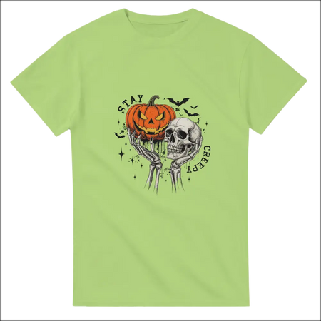 Lime green Stay Creepy t-shirt with jack-o-lantern skull graphic