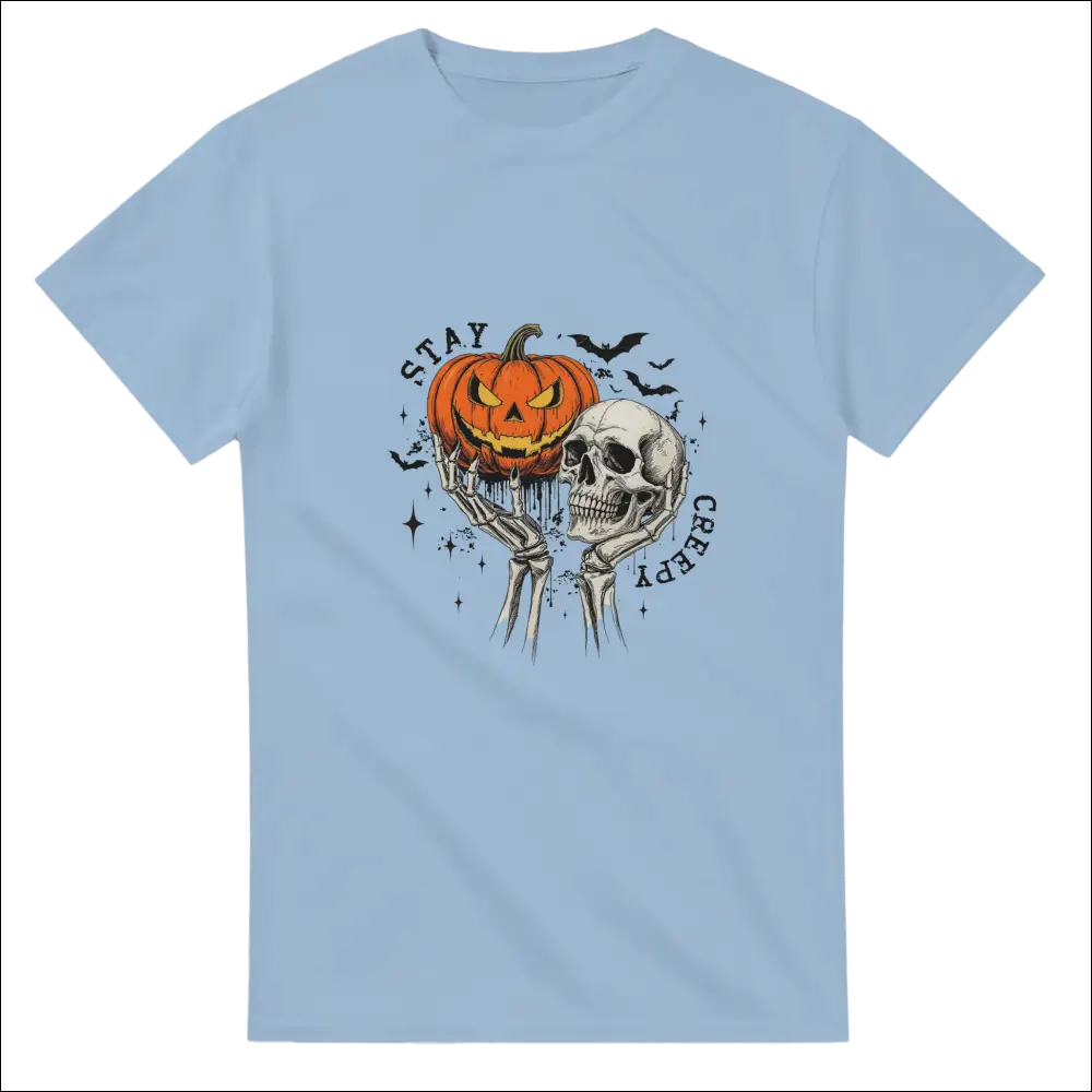 Light blue Stay Creepy unisex t-shirt with Halloween skeletal hands, pumpkin, skull graphic