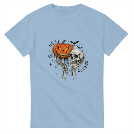Light blue Stay Creepy unisex t-shirt with Halloween skeletal hands, pumpkin, skull graphic