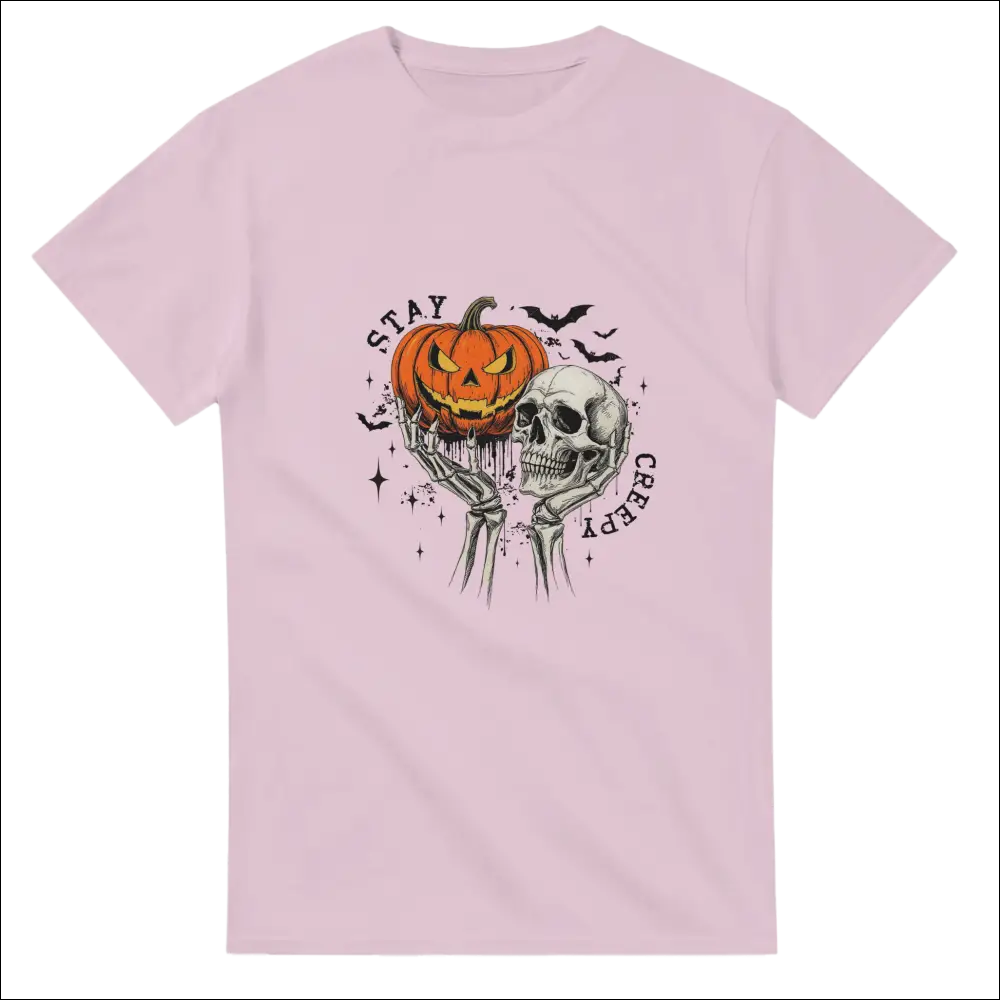 Stay Creepy unisex heavy cotton t-shirt with pink skeleton and pumpkin graphic