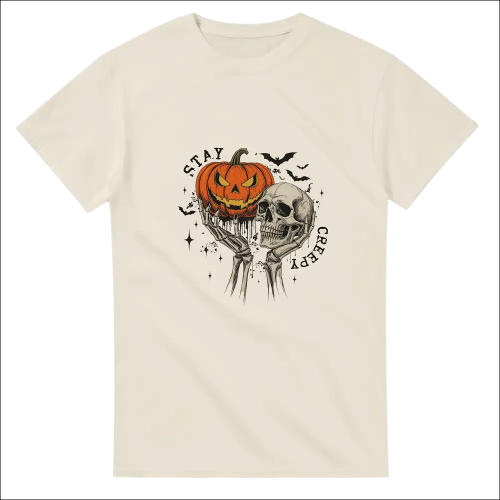 Stay Creepy unisex heavy cotton t-shirt with jack-o-lantern skull graphic