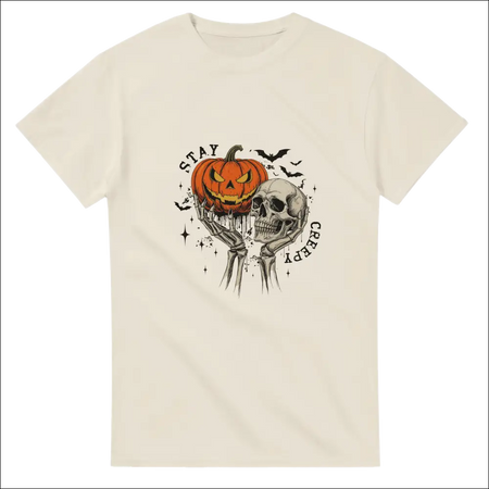 Stay Creepy unisex heavy cotton t-shirt with jack-o-lantern skull graphic