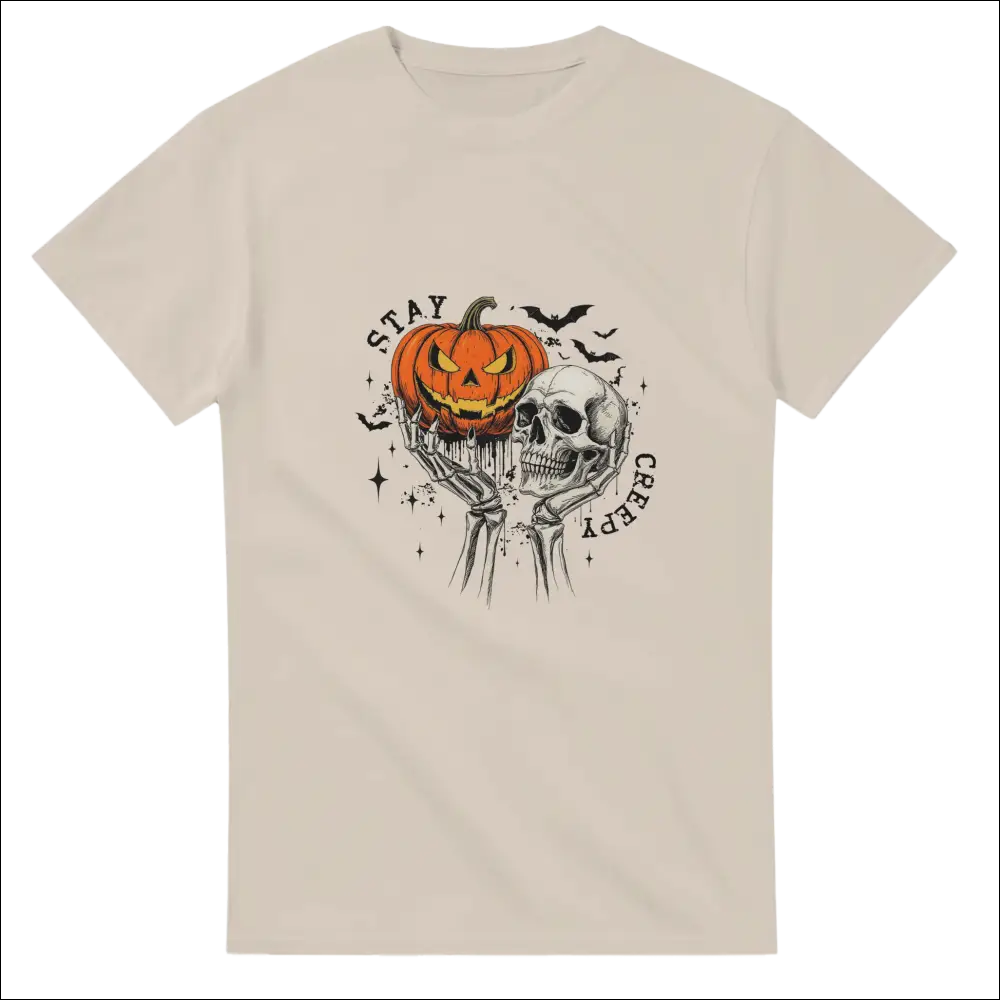 Beige unisex heavy cotton t-shirt with skeleton jack-o-lantern Stay Creepy graphic