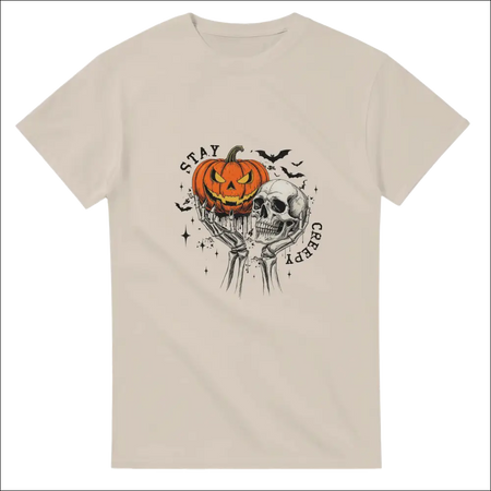 Beige unisex heavy cotton t-shirt with skeleton jack-o-lantern Stay Creepy graphic