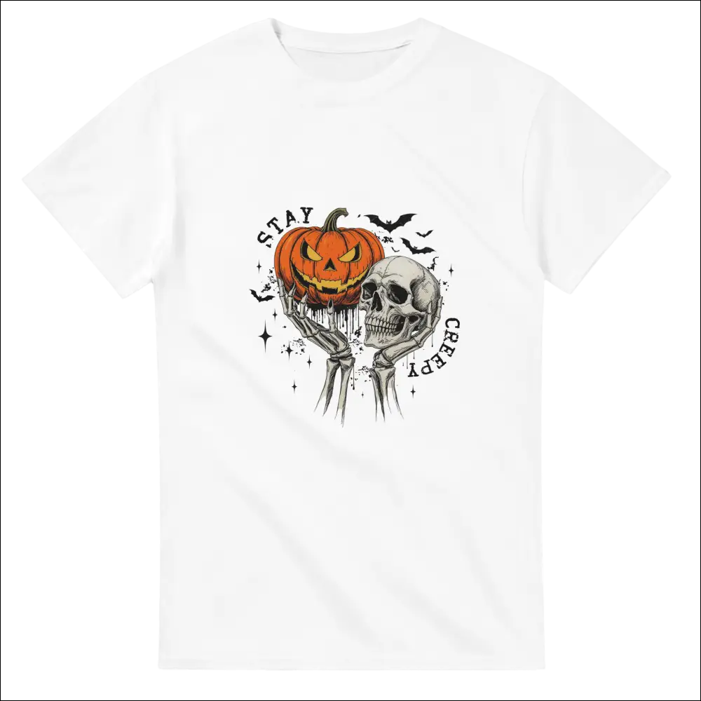 Stay Creepy unisex heavy cotton t-shirt with glowing orange pumpkin, skeleton, and Stay Creepy text
