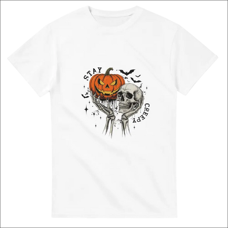 Stay Creepy unisex heavy cotton t-shirt with glowing orange pumpkin, skeleton, and Stay Creepy text