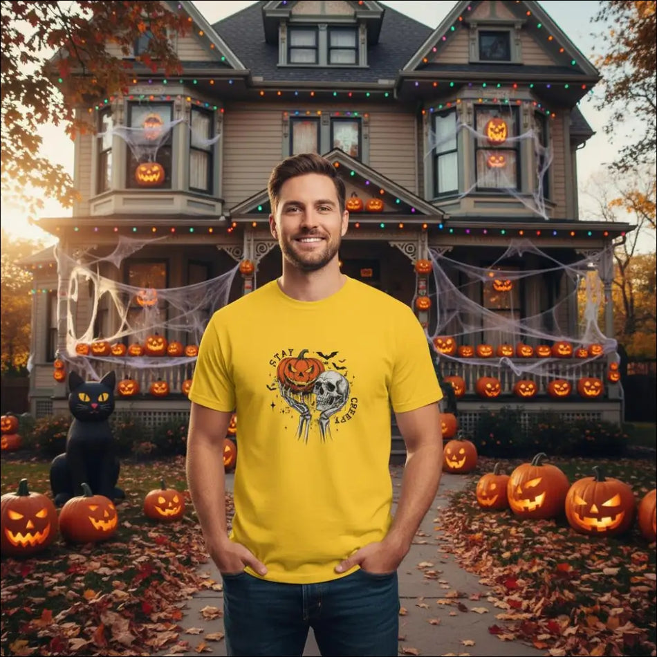 Yellow Stay Creepy unisex t-shirt with pumpkin skull bats graphic
