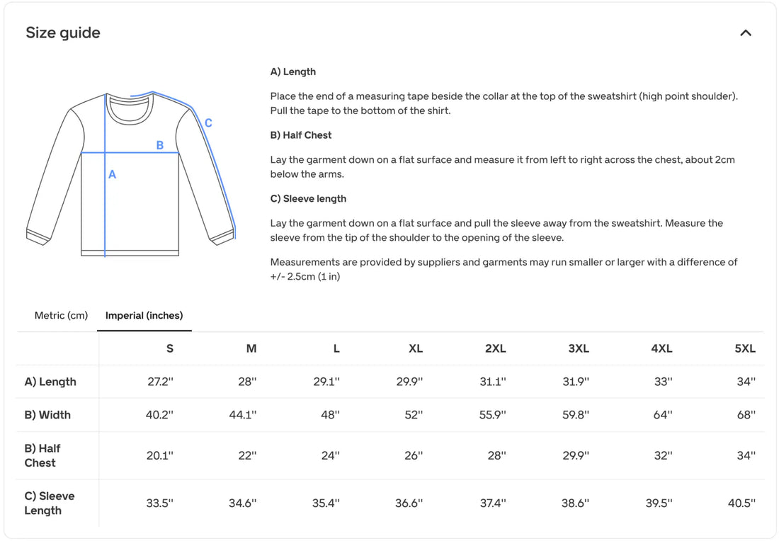 Sweatshirt size guide chart with measurements in metric and imperial units for sizes s through 5xl.