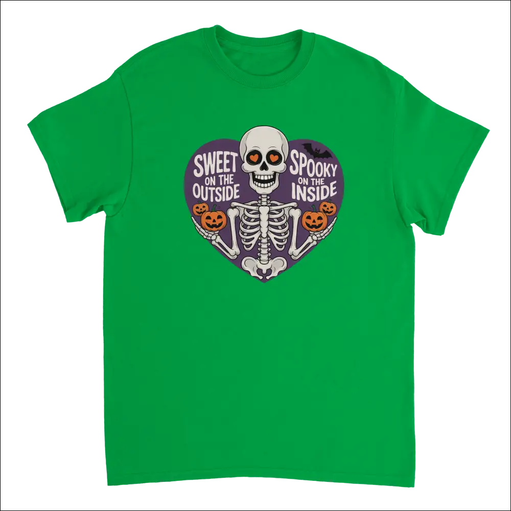 Vibrant green skeleton t-shirt with orange eyes, purple heart jack-o-lanterns, sweet on the outside spooky on the inside