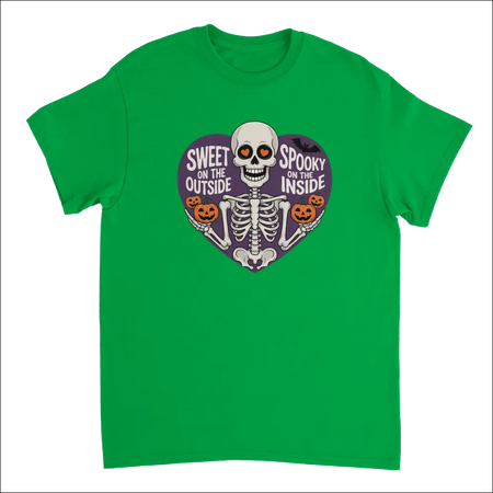 Vibrant green skeleton t-shirt with orange eyes, purple heart jack-o-lanterns, sweet on the outside spooky on the inside