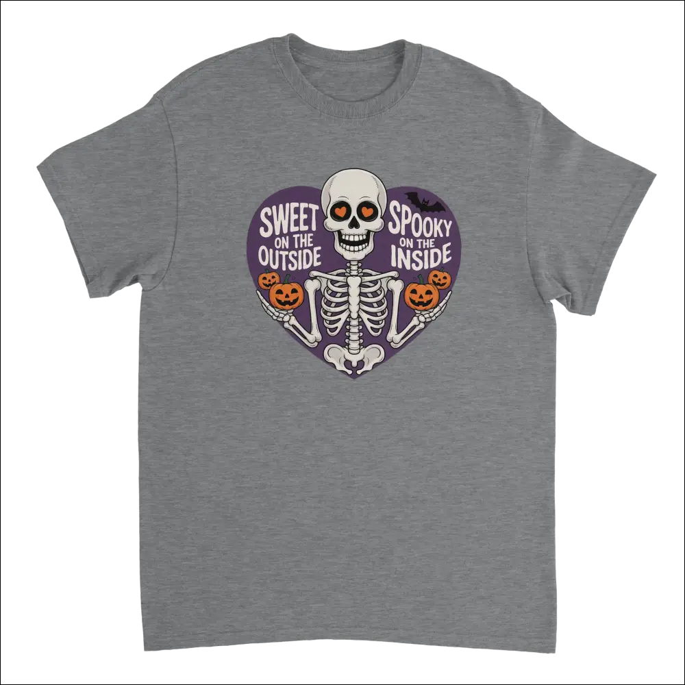 Gray heathered skeleton t-shirt with Halloween heart graphic and jack-o-lanterns