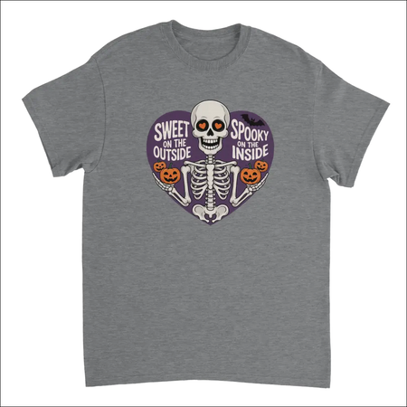 Gray heathered skeleton t-shirt with Halloween heart graphic and jack-o-lanterns