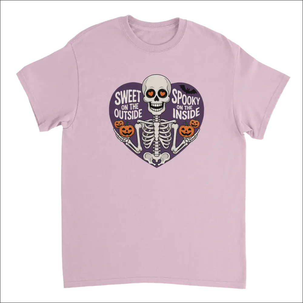 Pink skeleton t-shirt with heart eyes, pumpkins, and spooky text design