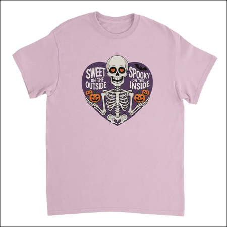 Pink skeleton t-shirt with heart eyes, pumpkins, and spooky text design