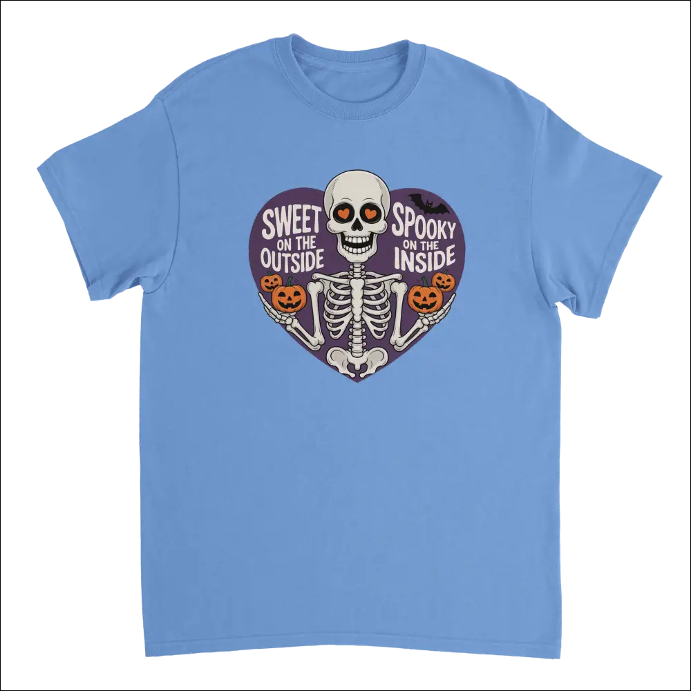 Light blue skeleton t-shirt with orange heart eyes, pumpkins in purple heart: Sweet on the outside spooky on the inside