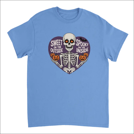 Light blue skeleton t-shirt with orange heart eyes, pumpkins in purple heart: Sweet on the outside spooky on the inside
