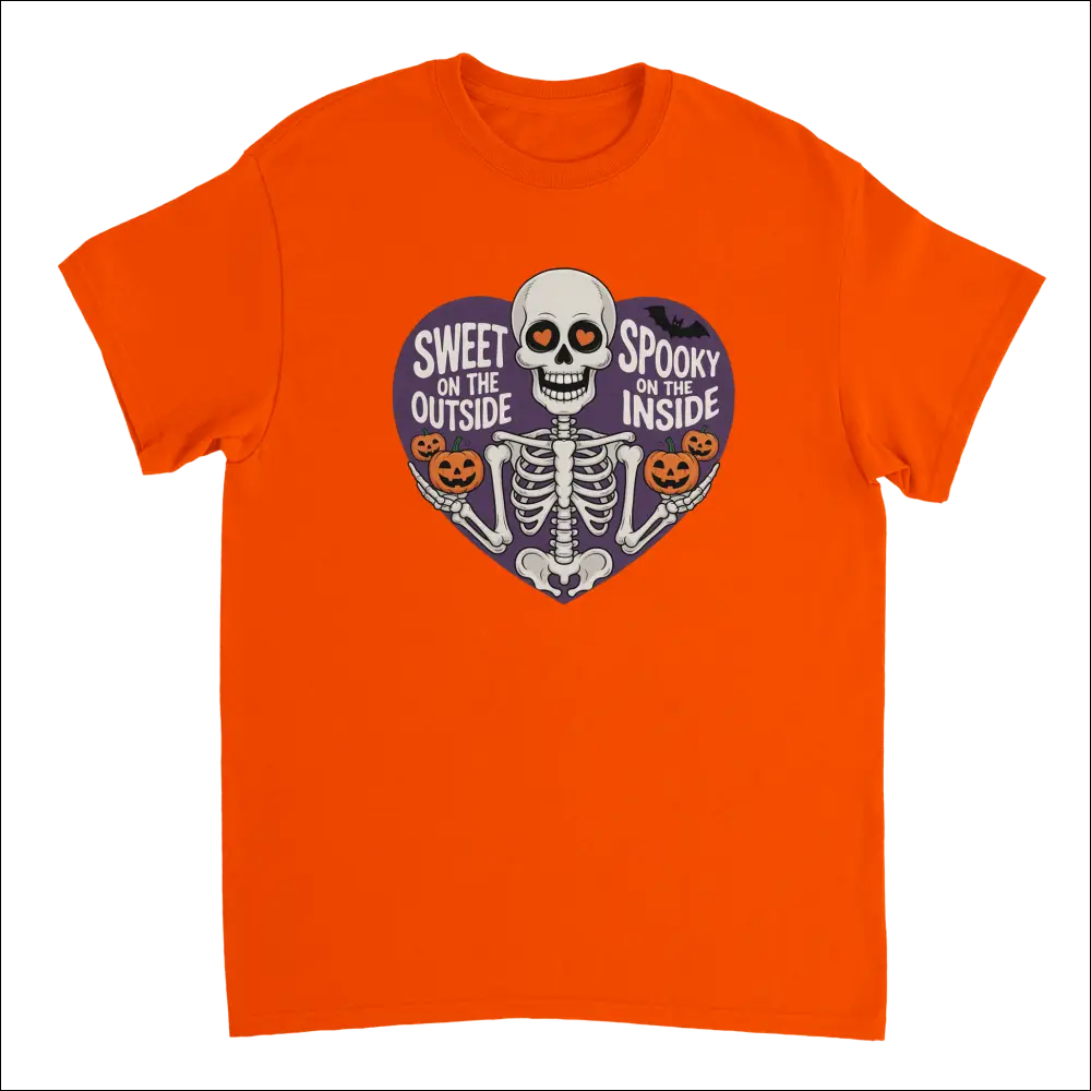Orange skeleton t-shirt with heart arms, pumpkins, Sweet on the Outside Spooky on the Inside text