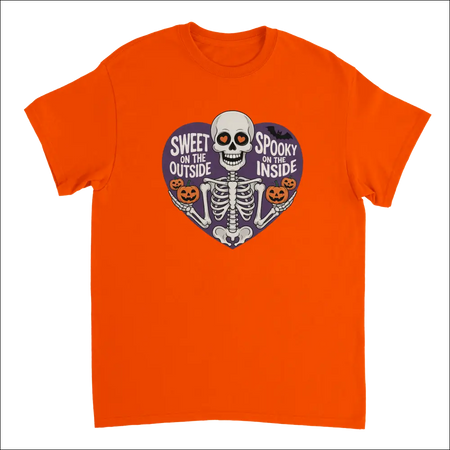 Orange skeleton t-shirt with heart arms, pumpkins, Sweet on the Outside Spooky on the Inside text