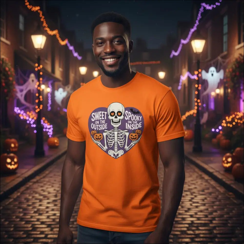 Orange Halloween t-shirt with heart skeleton, pumpkins, and spooky text