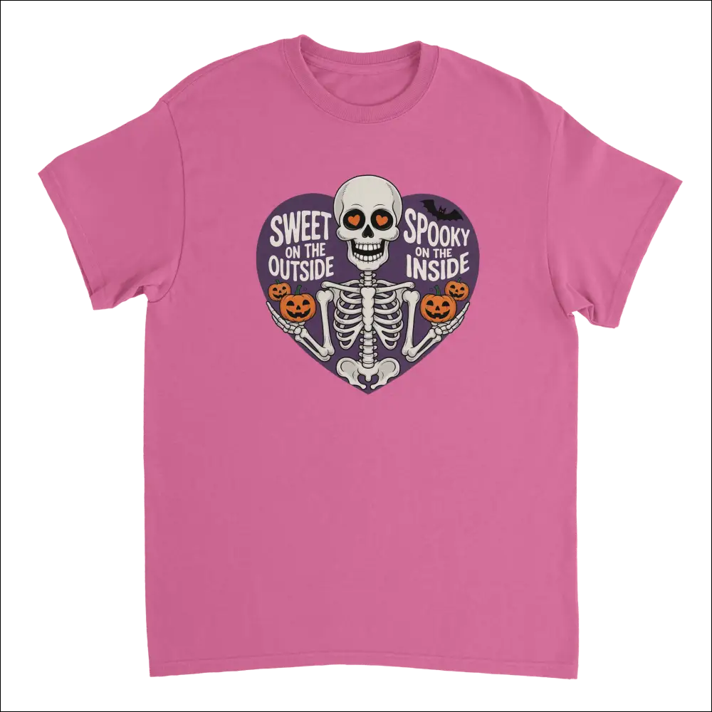 Pink skeleton t-shirt with orange heart eyes, pumpkins in purple heart, Sweet on the Outside Spooky on the Inside design