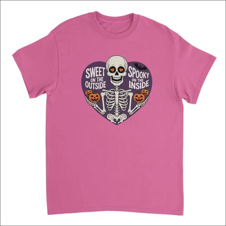 Pink skeleton t-shirt with orange heart eyes, pumpkins in purple heart, Sweet on the Outside Spooky on the Inside design