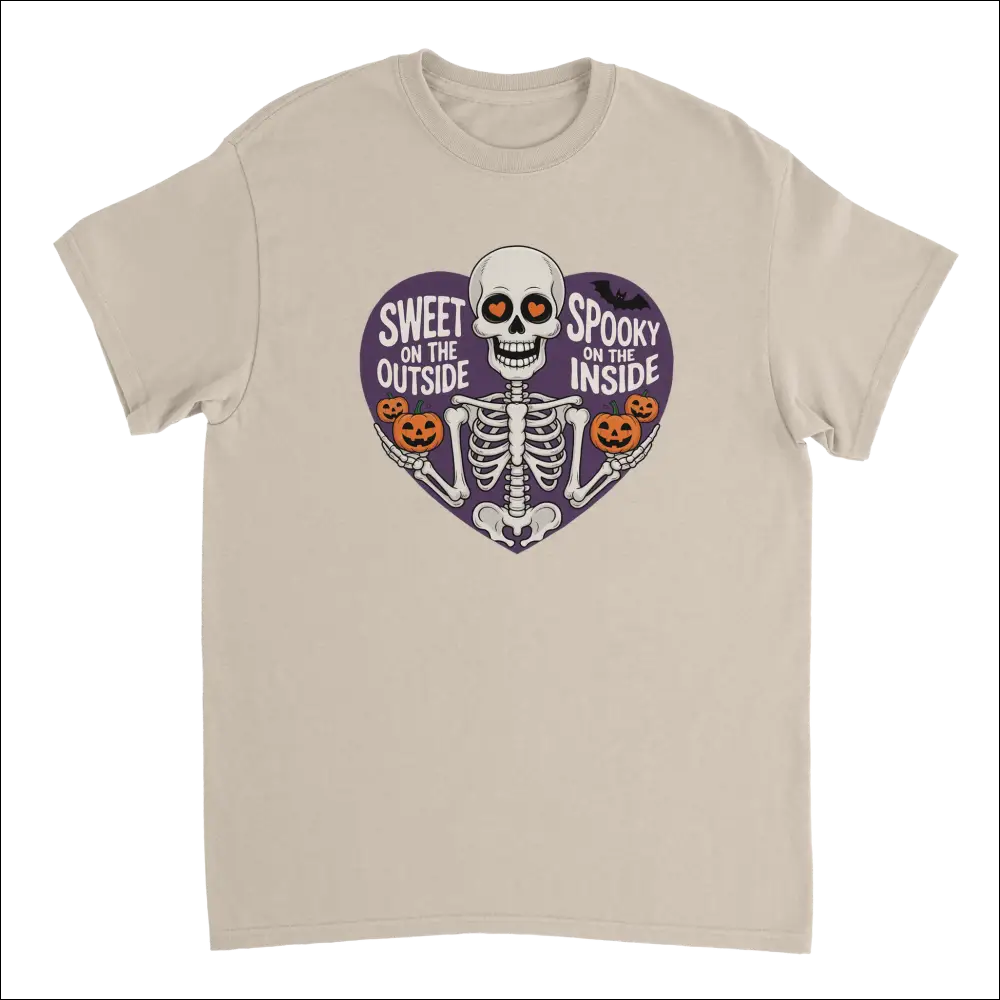 Beige heavyweight cotton t-shirt with purple heart skeleton holding pumpkins and text Sweet on the outside spooky on the inside