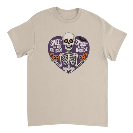 Beige heavyweight cotton t-shirt with purple heart skeleton holding pumpkins and text Sweet on the outside spooky on the inside