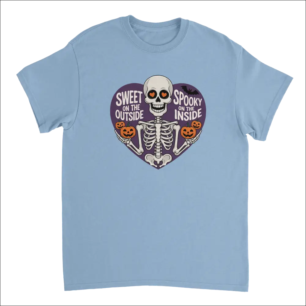 Light blue skeleton t-shirt with orange heart eyes, pumpkins in purple heart: Sweet on the outside spooky on the inside