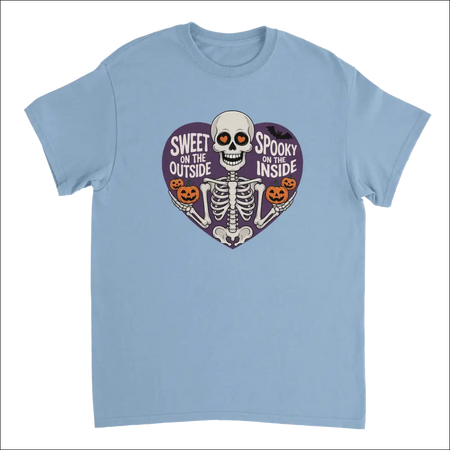 Light blue skeleton t-shirt with orange heart eyes, pumpkins in purple heart: Sweet on the outside spooky on the inside