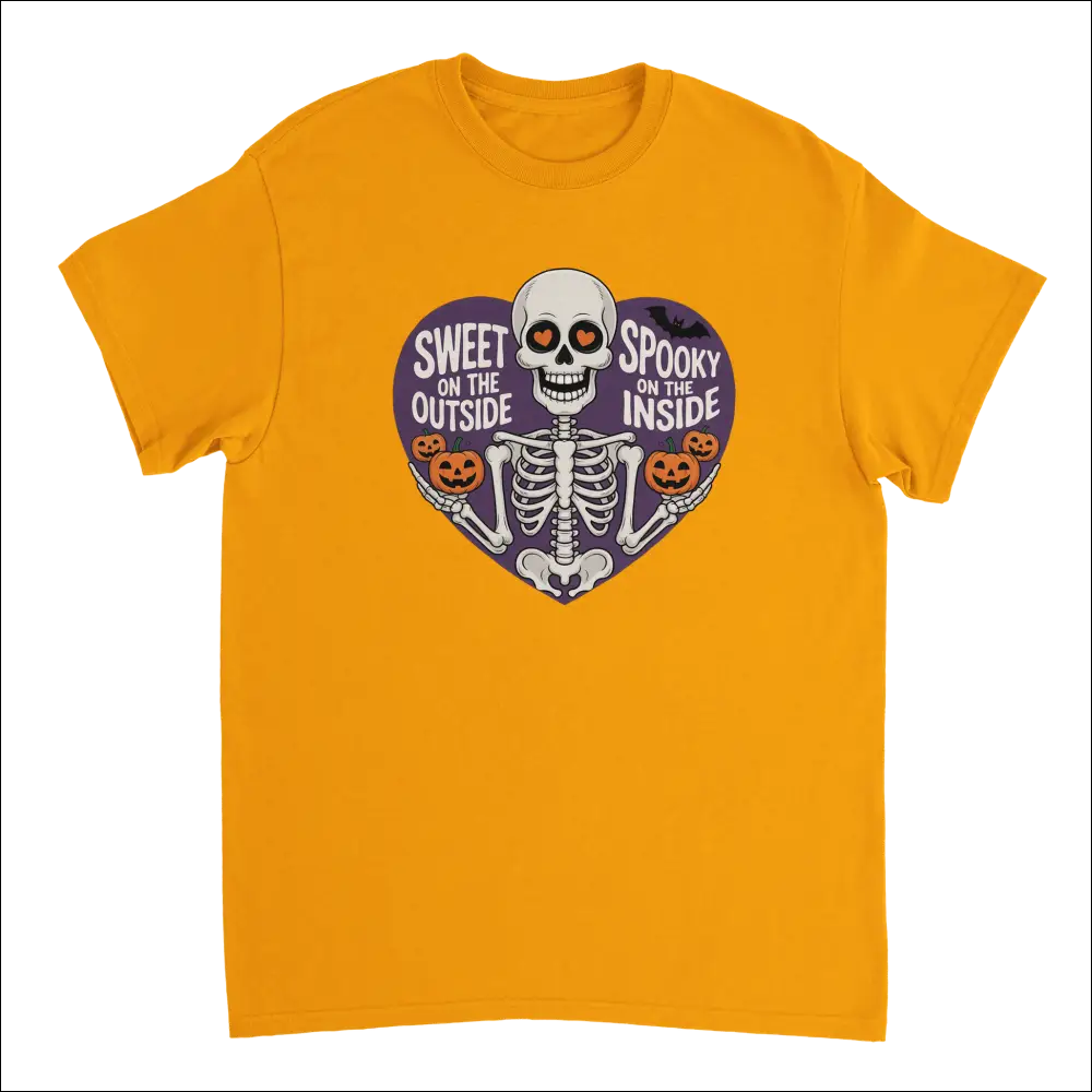 Vibrant orange skeleton t-shirt with heart eyes, pumpkins, and Sweet on the Outside Spooky on the Inside text