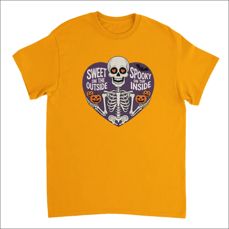 Vibrant orange skeleton t-shirt with heart eyes, pumpkins, and Sweet on the Outside Spooky on the Inside text