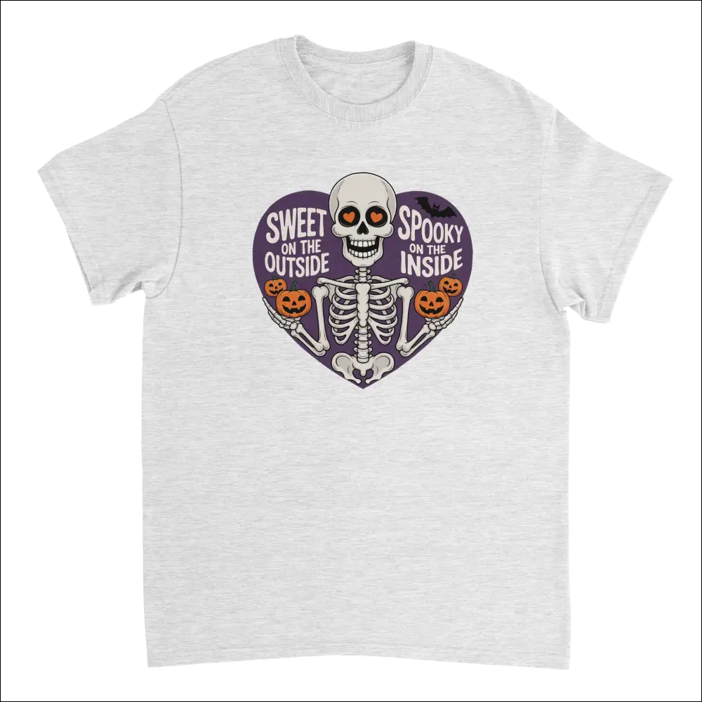 White cotton skeleton t-shirt with orange heart eyes, pumpkins in purple heart reading sweet on the outside spooky on the inside