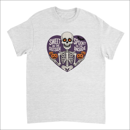 White cotton skeleton t-shirt with orange heart eyes, pumpkins in purple heart reading sweet on the outside spooky on the inside