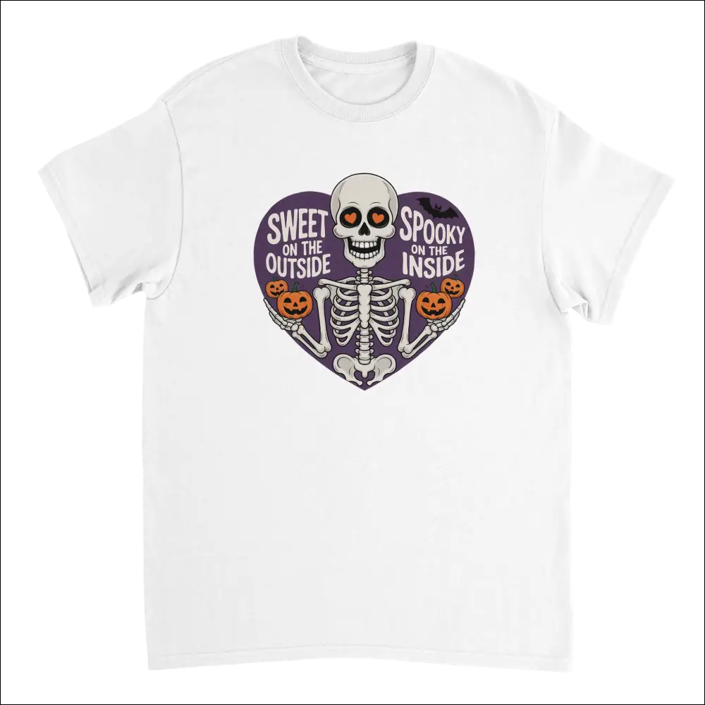 White cotton t-shirt with purple heart skeleton holding pumpkins and Sweet on the Outside Spooky on the Inside text