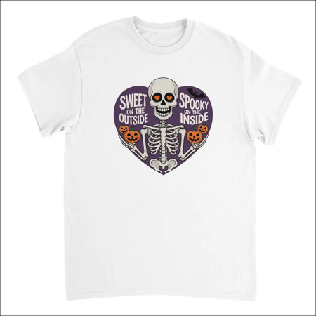 White cotton t-shirt with purple heart skeleton holding pumpkins and Sweet on the Outside Spooky on the Inside text