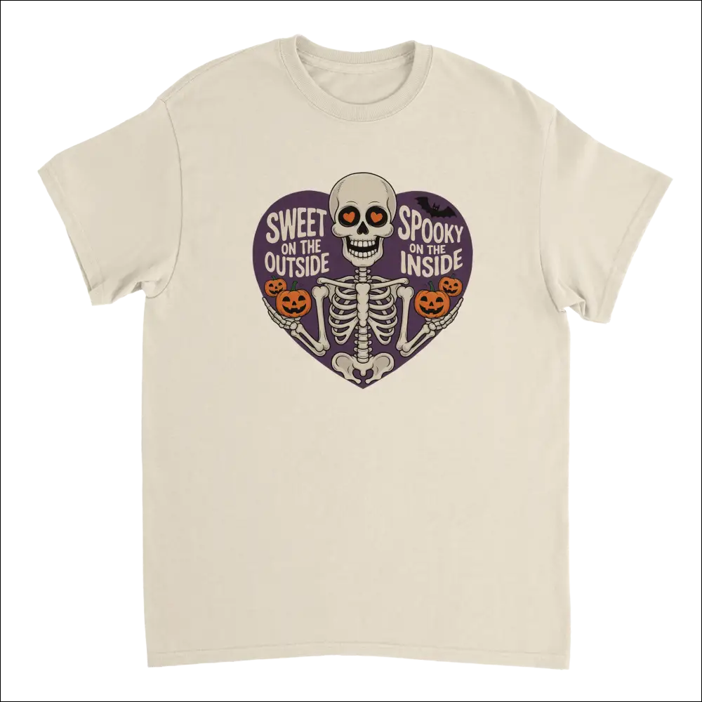 Cream skeleton t-shirt with orange eyes, pumpkins in purple heart, Sweet on the Outside Spooky on the Inside design