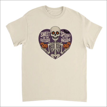 Cream skeleton t-shirt with orange eyes, pumpkins in purple heart, Sweet on the Outside Spooky on the Inside design