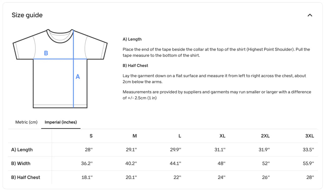 T-shirt size guide chart with measurements in metric and imperial units for sizes s through 3xl.